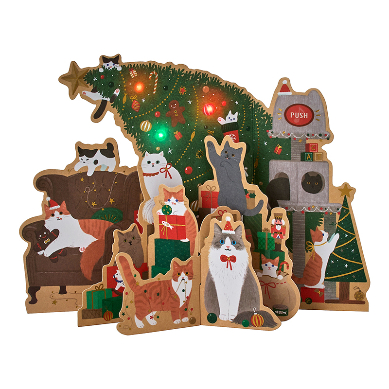 グリーティングカード クリスマス　ライト＆メロディー　ネコとツリー