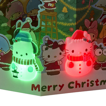 グリーティングカード クリスマス　ライト＆メロディー　サンリオキャラクターズ家の前にスノーマン