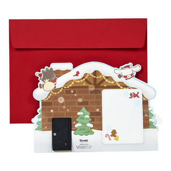 グリーティングカード クリスマス　ライト＆メロディー　サンリオキャラクターズ家の前にスノーマン